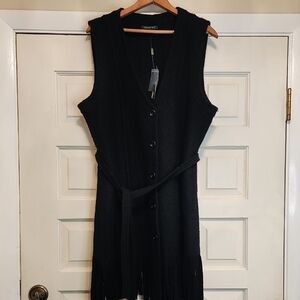 FOR CYNTHIA  NWT BLACK WOOL LONG FRINGED VEST+ BELT & 5 BUTTONS